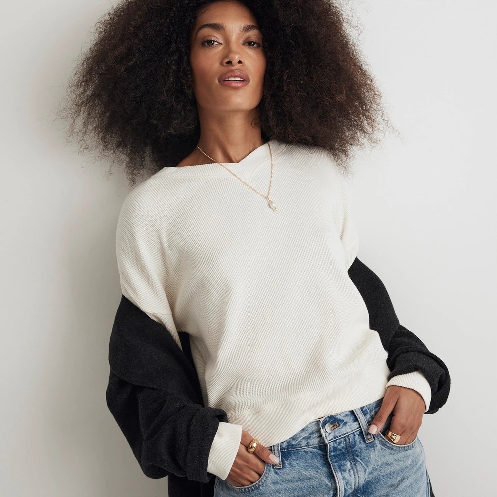 Madewell Women's Waffle Knit Boxy Sweatshirt Tee Antique Cream Large N459 OEUC